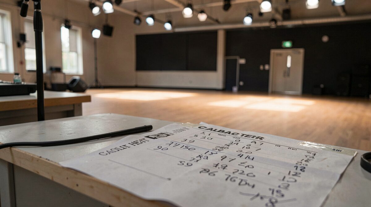 A competition desk at floor level, a printed heat list taped to the table edge, a callback sheet with handwritten numbers, a microphone stand and an empty dance floor under work lights.